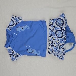 Gymboree Two Piece Swimsuit Rashguard and Skirt Blue Seahorses Size 6-12mo